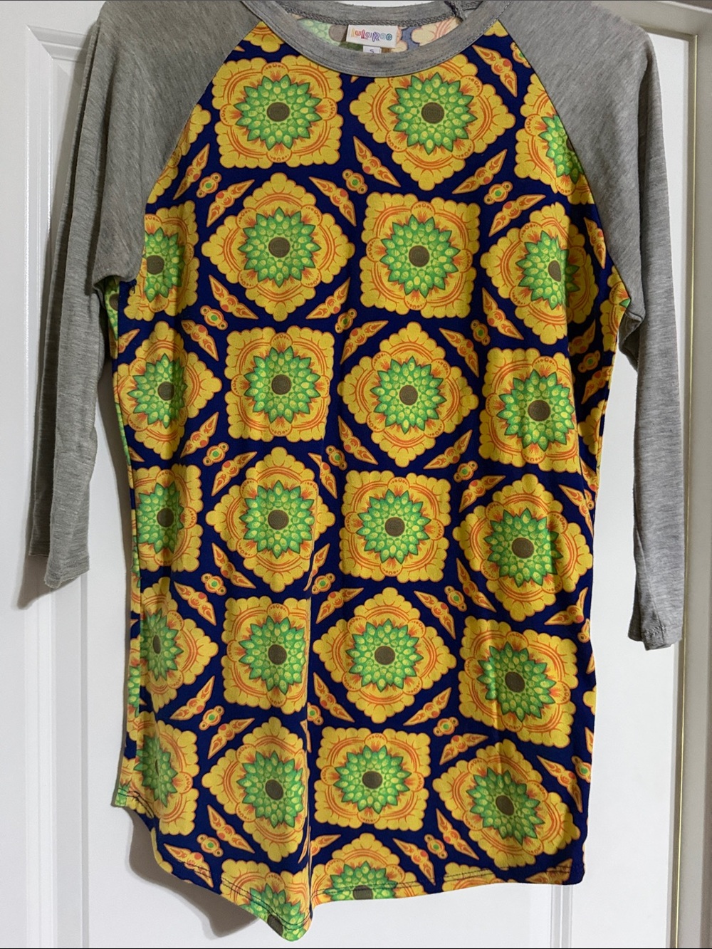 LuLaRoe Randy Top with Yellow & Green Floral Medallions and 3/4 Length Sleeves